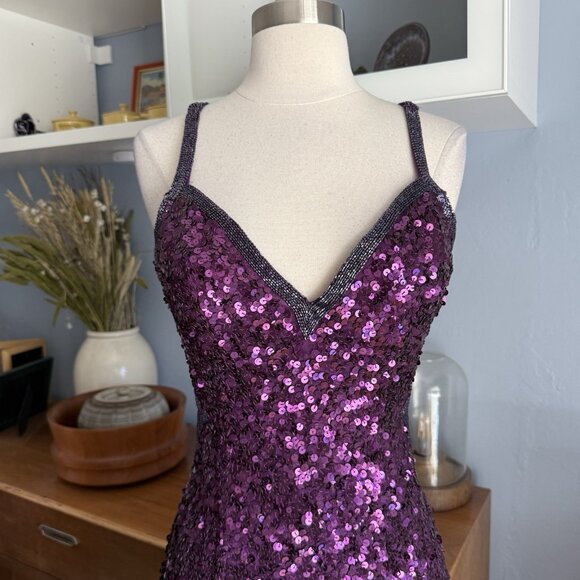 Primavera Couture 1853 Sequin Beaded Plum Gown Formal Dress Prom Long - Picture 7 of 12